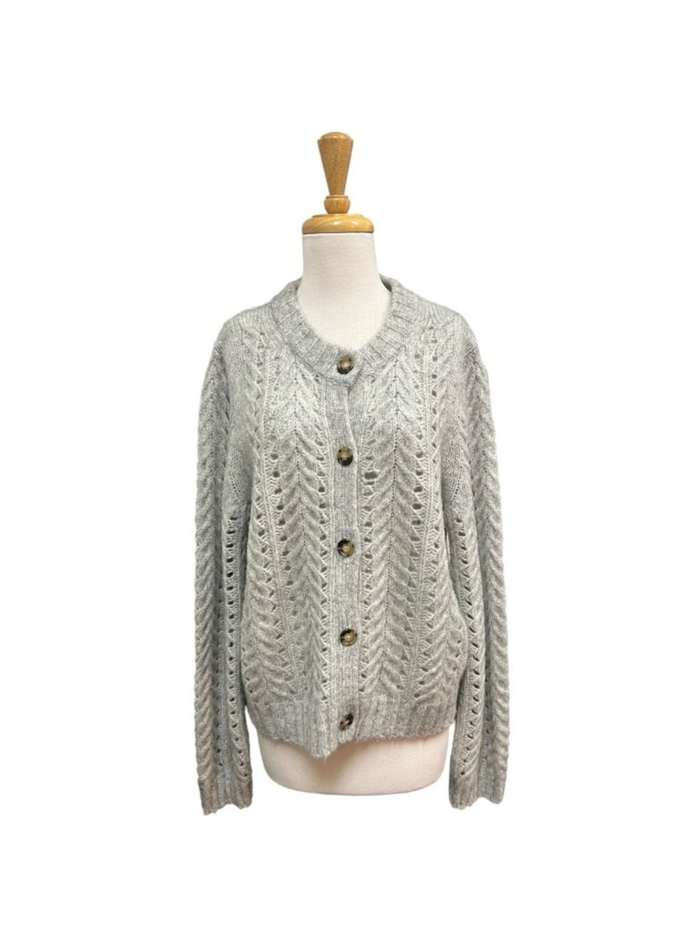 Point Sur Pointelle Knit Cardigan Size XL Gray Sweater